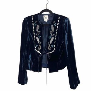 Nanett Lepore Jacket Women’s 4 Velvet Turquoise Blue Beaded‎ Lace Up Goth Fairy